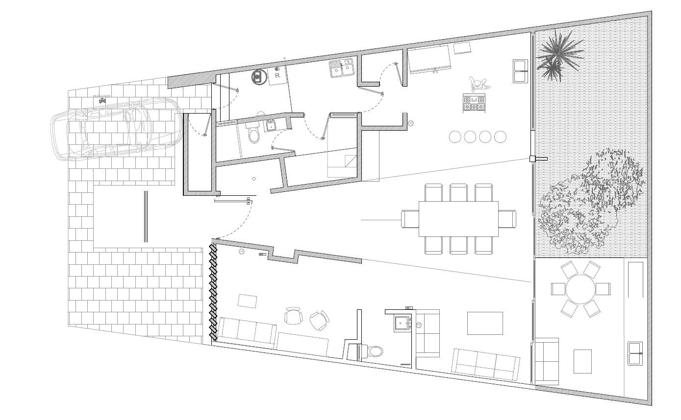 Plano arquitectónico de Casa MG con distribución de espacios interiores y exteriores, Fer Et Ciment constructora León