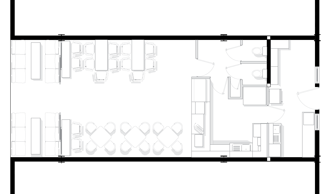 Plano arquitectónico de local comercial churrería con distribución de áreas de trabajo, Fer Et Ciment constructora