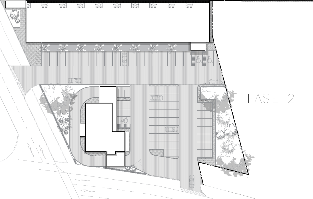 Plano arquitectónico de Plaza Magnolia con distribución de locales comerciales y estacionamiento, Fer Et Ciment